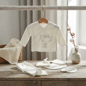 Set nou nascut 5 piese din bumbac alb cu iepuras Dreamer, bluza petrecuta si botosei integrati - Img 2