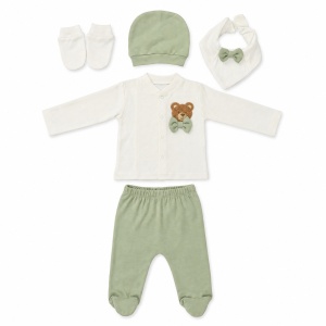 Set nou nascut 5 piese din bumbac cu ursulet si papion, verde salvie si alb - Img 4