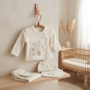 Set nou-nascut 5 piese din bumbac ivoire cu ursulet, pantaloni cu botosei integrati