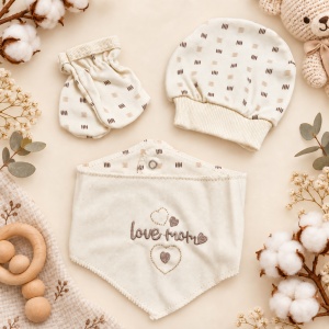 Set nou nascut 5 piese din bumbac organic crem cu lebada, pantaloni cu botosei integrati - Img 6