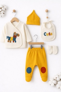 Set nou nascut 5 piese galben cu girafa bluza pantaloni caciula bavetica botosi