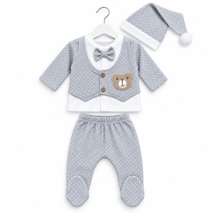 Set nou nascut baiat 10 piese din bumbac, alb-gri, model ursulet cu papion - Img 3