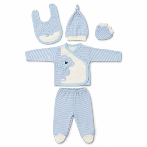 Set nou-nascut baiat 5 piese bleu cu ursulet, pantaloni cu botosei integrati - Img 4