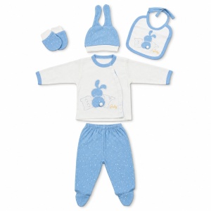 Set nou-nascut baiat 5 piese din bumbac alb si bleu cu iepuras, pantaloni cu botosei integrati - Img 3