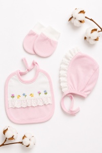 Set nou nascut fetita 10 piese 100% bumbac, roz, flori brodate, paturica inclusa - Img 7