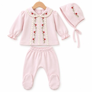 Set nou nascut fetita 10 piese din bumbac, roz pudrat, cu broderie florala - Img 3