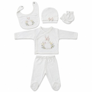 Set nou-nascut fetita 5 piese bumbac alb cu iepuras si pantaloni cu botosei integrati - Img 4