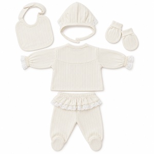 Set nou-nascut fetita 5 piese bumbac ivoire cu volanase si pantaloni cu botosei integrati - Img 5