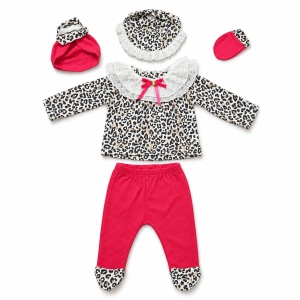 Set nou nascut fetita 5 piese bumbac rosu cu imprimeu leopard, dantela si pantaloni cu botosei - Img 3