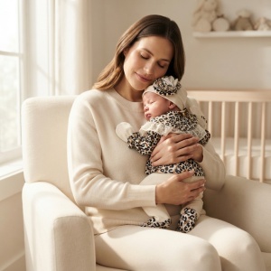 Set nou nascut fetita 5 piese din bumbac crem cu imprimeu leopard si dantela - Img 2
