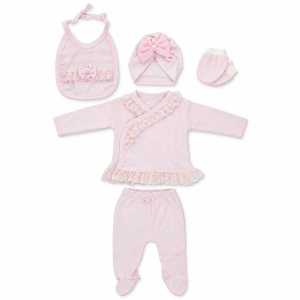 Set nou nascut fetita 5 piese din bumbac roz cu dantela, turban si botosei integrati - Img 4