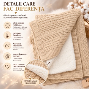 Set premium pentru nou nascut din lana de oaie cu combinezon imblanit, paturica si accesorii 5 piese - Img 4