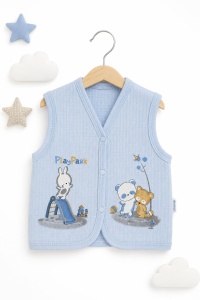 Vesta bebe bleu din bumbac moale cu imprimeu animale si inchidere capse
