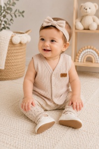 Vesta bebe crem din bumbac waffle, cu capse, moale si confortabila
