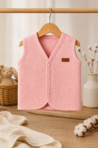 Vesta bebe roz din bumbac waffle, cu capse, moale si confortabila, prezentare in decor