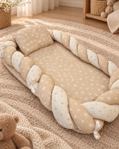 Baby nest 60x80 cm cu impletitura si pernuta, bej crem, model Stelute pentru nou nascuti - Img 2
