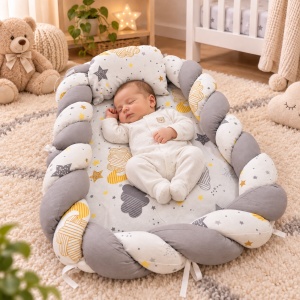 Baby nest impletit 60x80 cm cu pernuta, model gri cu alb stelute si norisori