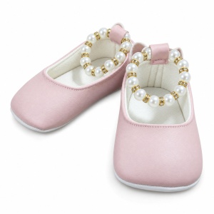 Balerini bebe fetite roz cu perle decorative si talpa moale