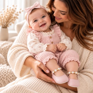 Balerini bebe fetite roz cu perle decorative si talpa moale - Img 2