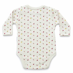 Body bebe din bumbac crem cu floricele colorate, maneca lunga si capse pe umeri - Img 3