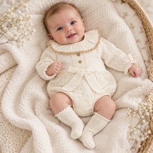 Body bebe fetita din muselina crem cu volane, funda si sosete asortate