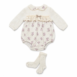 Body bebe fetita din muselina cu imprimeu floral, volan brodat si sosete - Img 4