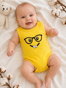 Body bebe galben bumbac fara maneci imprimeu emoji ochelari