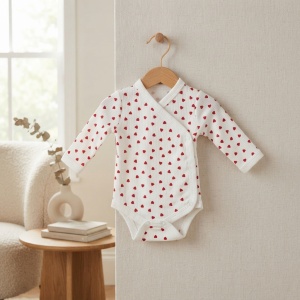 Body petrecut bebe din bumbac alb cu inimioare rosii, maneca lunga