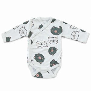 Body petrecut bebe din bumbac cu ursuleti, maneca lunga, alb si verde - Img 3