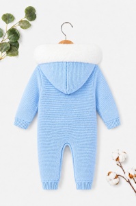 Combinezon bebe baiat bleu tricotat, imblanit integral, cu gluga si blanita premium - Img 5