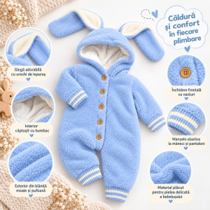 Combinezon bebe din blanita bleu captusit cu bumbac, gluga cu urechi - Img 2