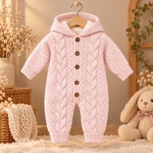 Combinezon bebe din lana naturala roz cu gluga, imblanit complet, model tricotat - Img 2