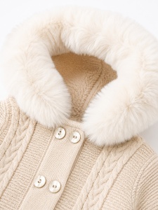 Combinezon bebe iarna cu gluga si blanita tricotat gros crem unisex - Img 5