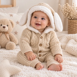 Combinezon bebe tricotat premium cu interior imblanit, gluga cu urechiuse si model impletit crem