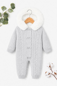 Combinezon bebe unisex gri deschis tricotat, imblanit integral, cu gluga si blanita premium - Img 2