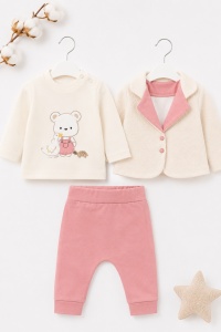 Compleu 3 piese bebe fetite roz cu sacou teddy, bluza cu ursulet si pantaloni - Img 2