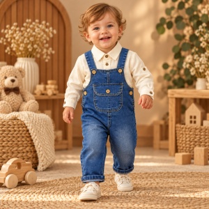 Compleu bebe baiat 2 piese, salopeta denim albastra cu bretele si camasa crem