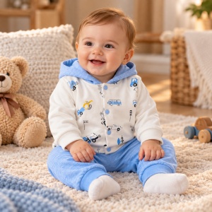 Compleu bebe baiat 3 piese bumbac cu body jacheta cu gluga si pantaloni bleu