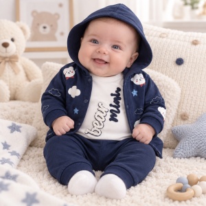Compleu bebe baiat 3 piese din bumbac cu hanorac body si pantaloni bleumarin