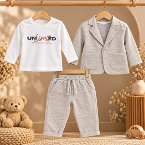Compleu bebe baiat 3 piese din bumbac cu sacou si pantaloni gri - Img 2