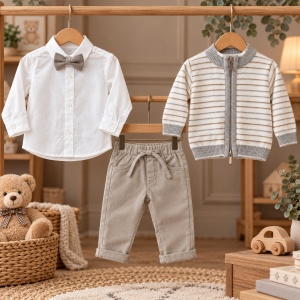 Compleu bebe baiat 4 piese, camasa, cardigan tricotat, pantaloni si papion, gri - Img 2