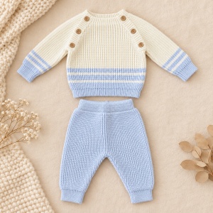 Compleu bebe baiat 4 piese, pulover si pantaloni din lana naturala, body si caciulita, bleu ivory - Img 3