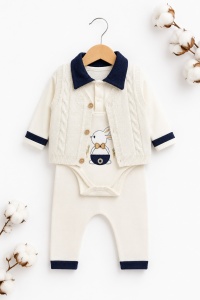 Compleu bebe baieti 3 piese crem cu body iepuras pantaloni si vesta tricotata - Img 2