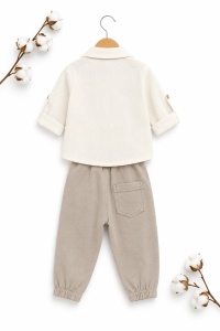 Compleu bebe baieti 3 piese din bumbac cu pantaloni bej si camasa eleganta - Img 4