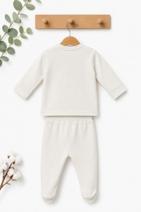 Compleu bebe crem din bumbac cu caciulita si imprimeu ursulet pentru nou-nascuti - Img 4