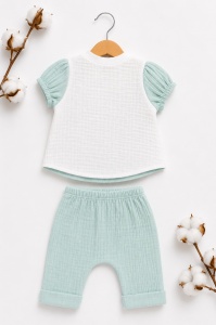 Compleu bebe din muselina verde menta cu ursulet love si bentita 3 piese - Img 3
