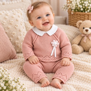 Compleu bebe fetita 2 piese din bumbac tricotat, bluza cu guler si pantaloni, roz