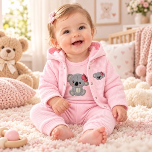 Compleu bebe fetita 3 piese, bumbac, body cu koala, jacheta cu gluga si pantaloni, roz