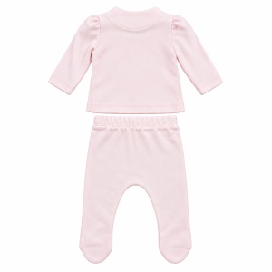 Compleu bebe fetita 3 piese roz cu bluza volan brodat pantaloni cu botosei si bentita - Img 5