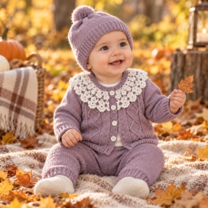 Compleu bebe fetita 4 piese lana naturala mov cu cardigan pantaloni body si caciula